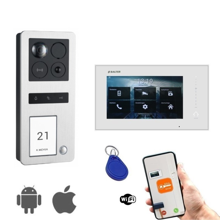 BALTER ERA Silber 2-Draht BUS Türsprechanlage Aufputz für 1 Teilnehmer 1x 7" WIFI Monitor IP Komplett SET RFID